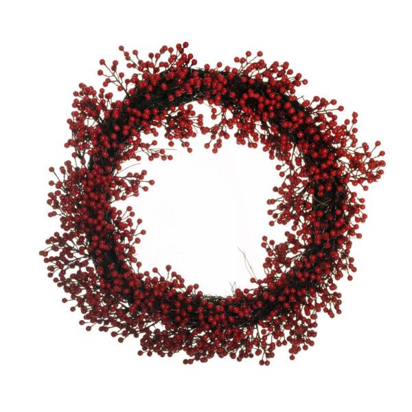 Ghirlanda di bacche artificiali rosse con base in rattan d. interno 27 cm d. esterno 52 cm
