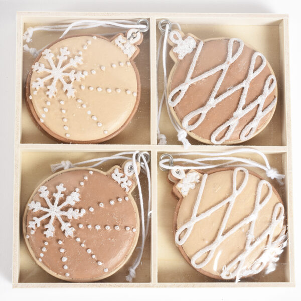 Ciondoli a forma di palline di Natale confezionati in scatola di legno Set 4 pz