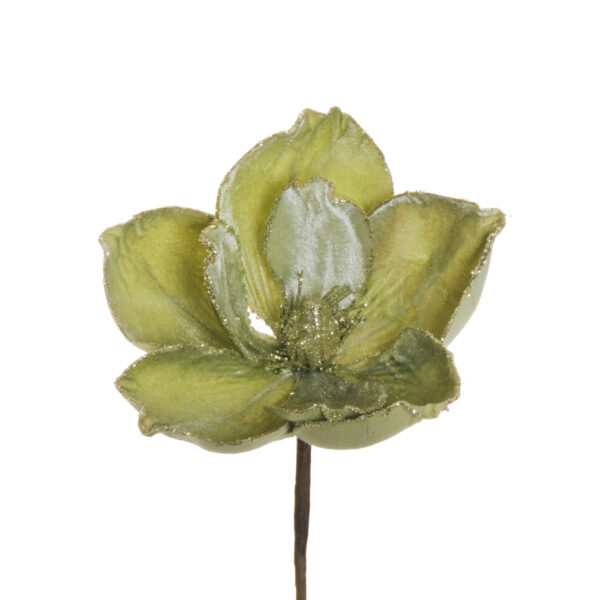 Pick magnolia artificiale in velluto con glitter color verde chiaro d. 18 h. 22 cm