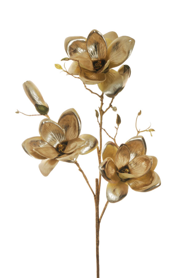 Magnolia artificiale con 3 rami, 3 fiori e 3 boccioli di colore oro metallico 94 cm