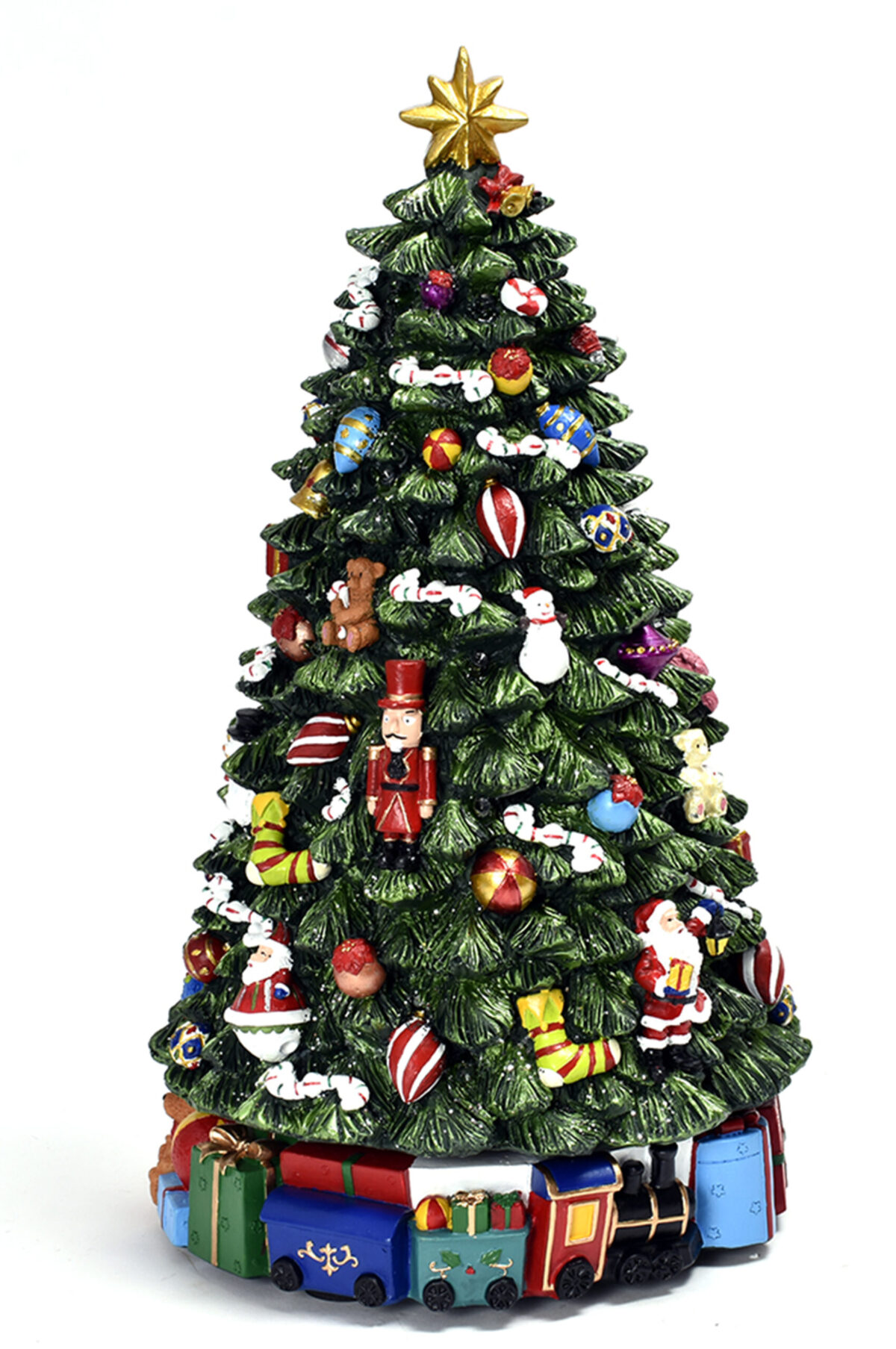 Carillon albero di Natale in resina decorato con addobbi e glitter h. 34 cm d. 18 cm
