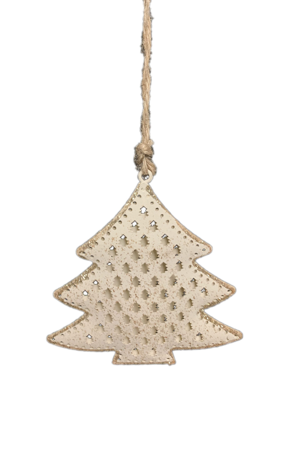 Set 2 pz assortiti Decorazioni addobbo albero di Natale a forma di stella e abete in latta intarsiata color crema con decorazioni oro 10x10 cm
