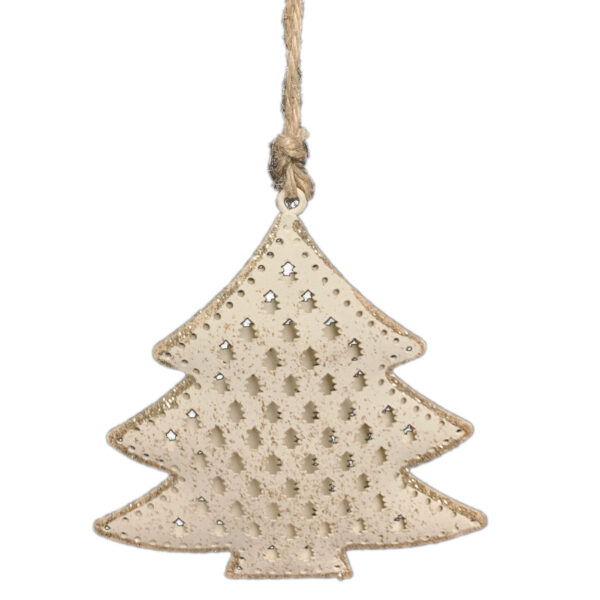 Set 2 pz assortiti Decorazioni addobbo albero di Natale a forma di stella e abete in latta intarsiata color crema con decorazioni oro 10x10 cm