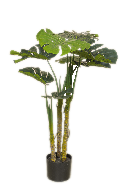 Pianta artificiale Monstera con 3 tronchi e 8 foglie verdi in vaso nero di plastica rigida h. 122 cm