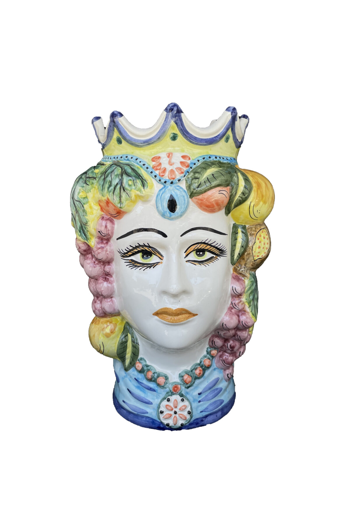 Vaso Testa di Moro donna in ceramica dipinta sui toni del rosa, celeste e giallo h. 35 cm
