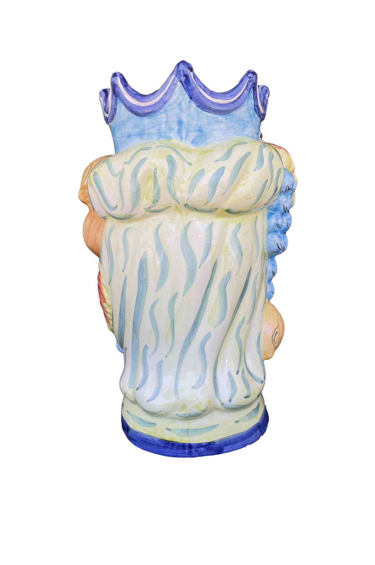 Vaso Testa di Moro uomo in ceramica dipinta sui toni del turchese, verde e giallo h. 35 cm