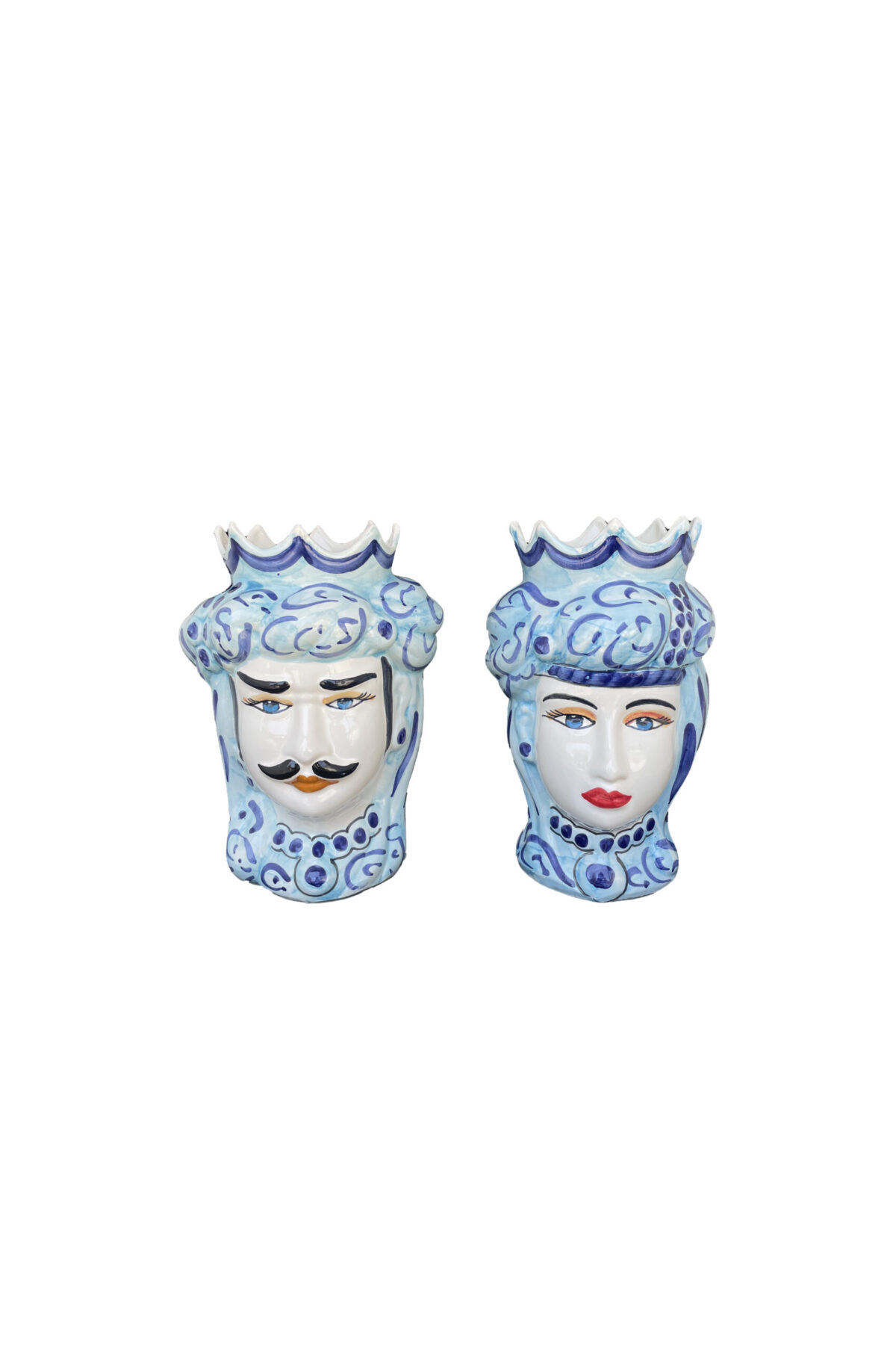 Set 2 Vasi Testa di Moro donna e uomo in ceramica sui toni del blu h. 25 cm