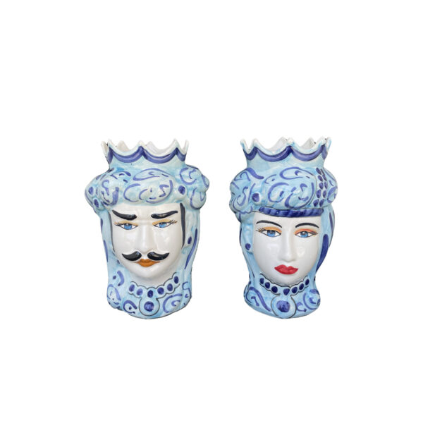 Set 2 Vasi Testa di Moro donna e uomo in ceramica sui toni del blu h. 25 cm