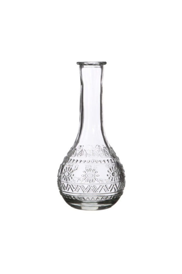 Bottiglietta decorativa di vetro trasparente Portafiori - Portacandele 3 mix design (disegno casuale) d. 7,5 x h.15,8 cm