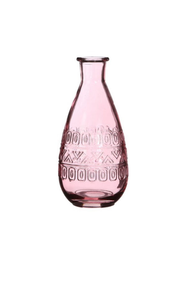 Bottiglietta decorativa di vetro rosa Portafiori – Portacandele 3 mix design (disegno casuale) d. 7,5 x h.15,8 cm