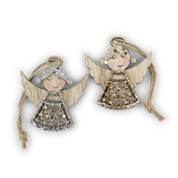 Set 2 Appendini Natale Angeli in legno con ali e vestitini glitter oro e argento e con filo 6 x h. 15 cm