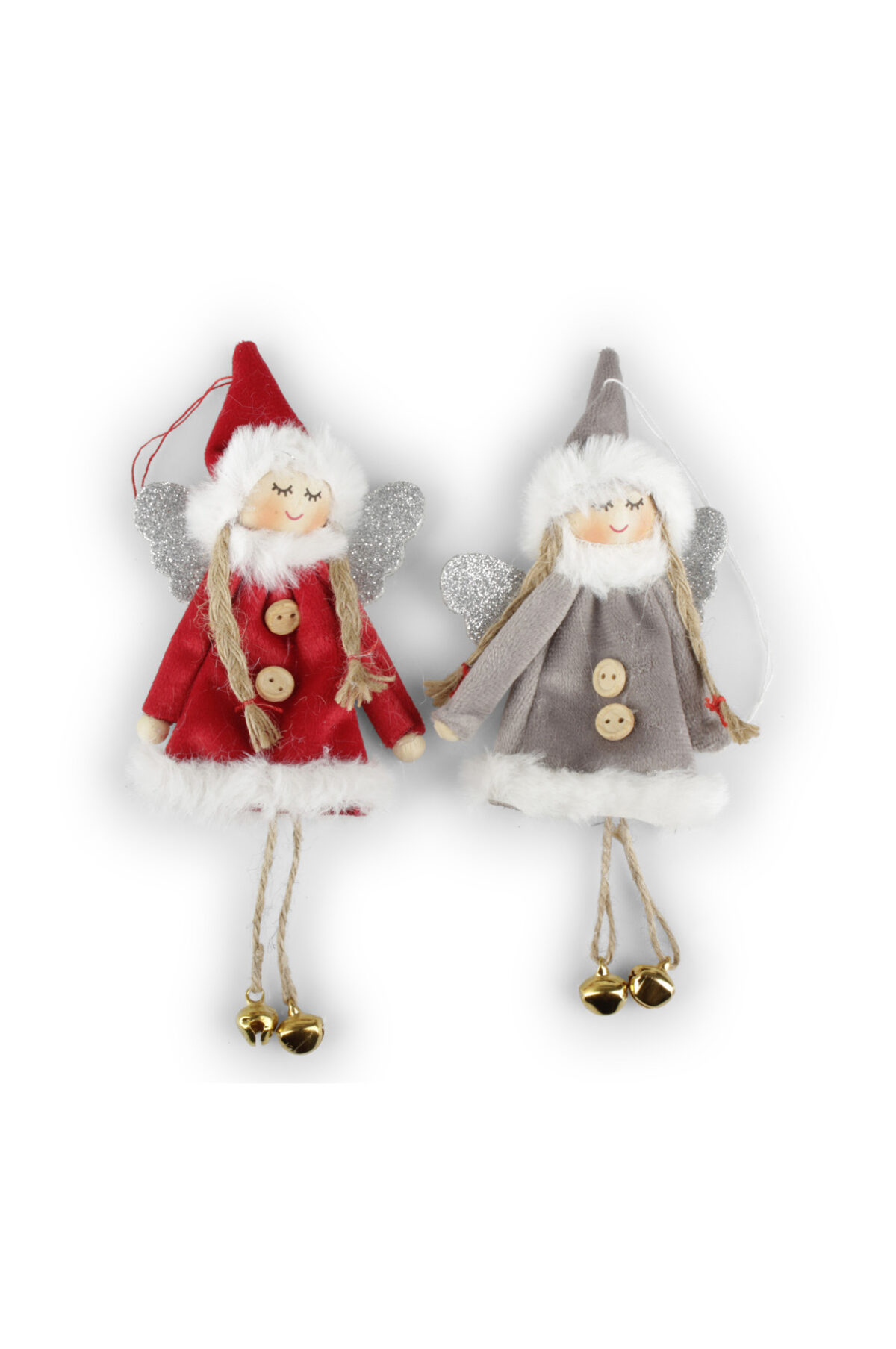 Set 2 Appendini Natale Angeli in stoffa e velluto con ali glitter, piedi con campanelle e con filo 18 x h. 22 cm