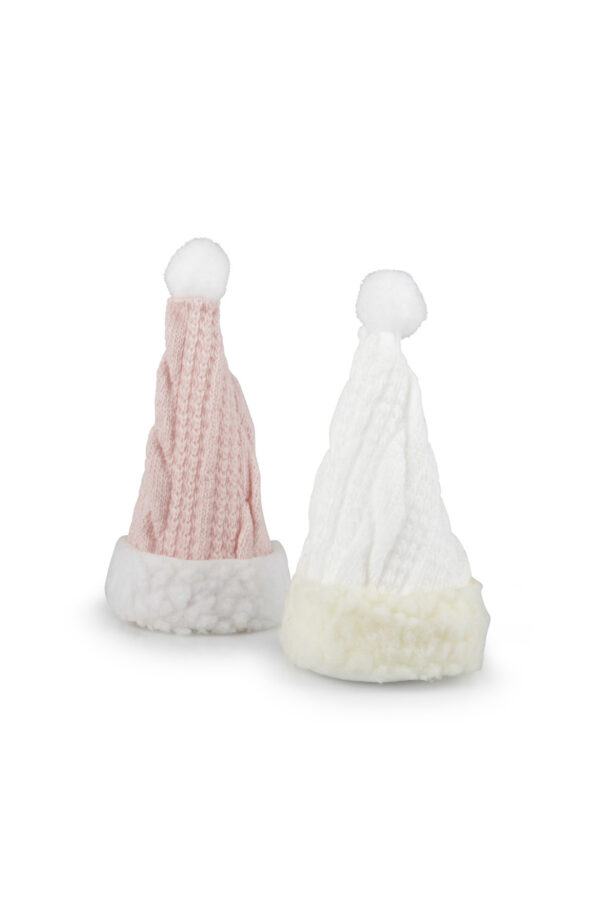 Set 8 Cappelli decorativi natalizi in lana con bordo in pelliccia sintetica rosa e crema d. 6 x h. 13,5