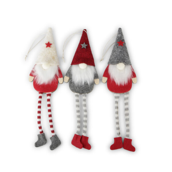 Set 3 Appendini Natale Gnomi in legno e tessuto con barba, cappellino e gambe lunghe h. 23 cm (h. con filo 30 cm)