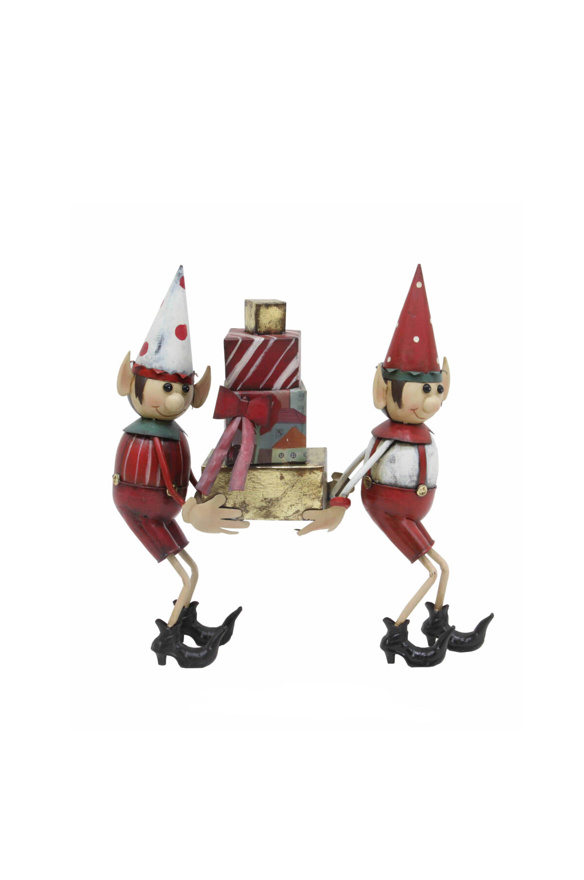Coppia di Elfi di Natale decorativi da vetrina che portano regali in metallo sui toni del rosso, bianco e oro 49,5 x 14 x h. 51 cm