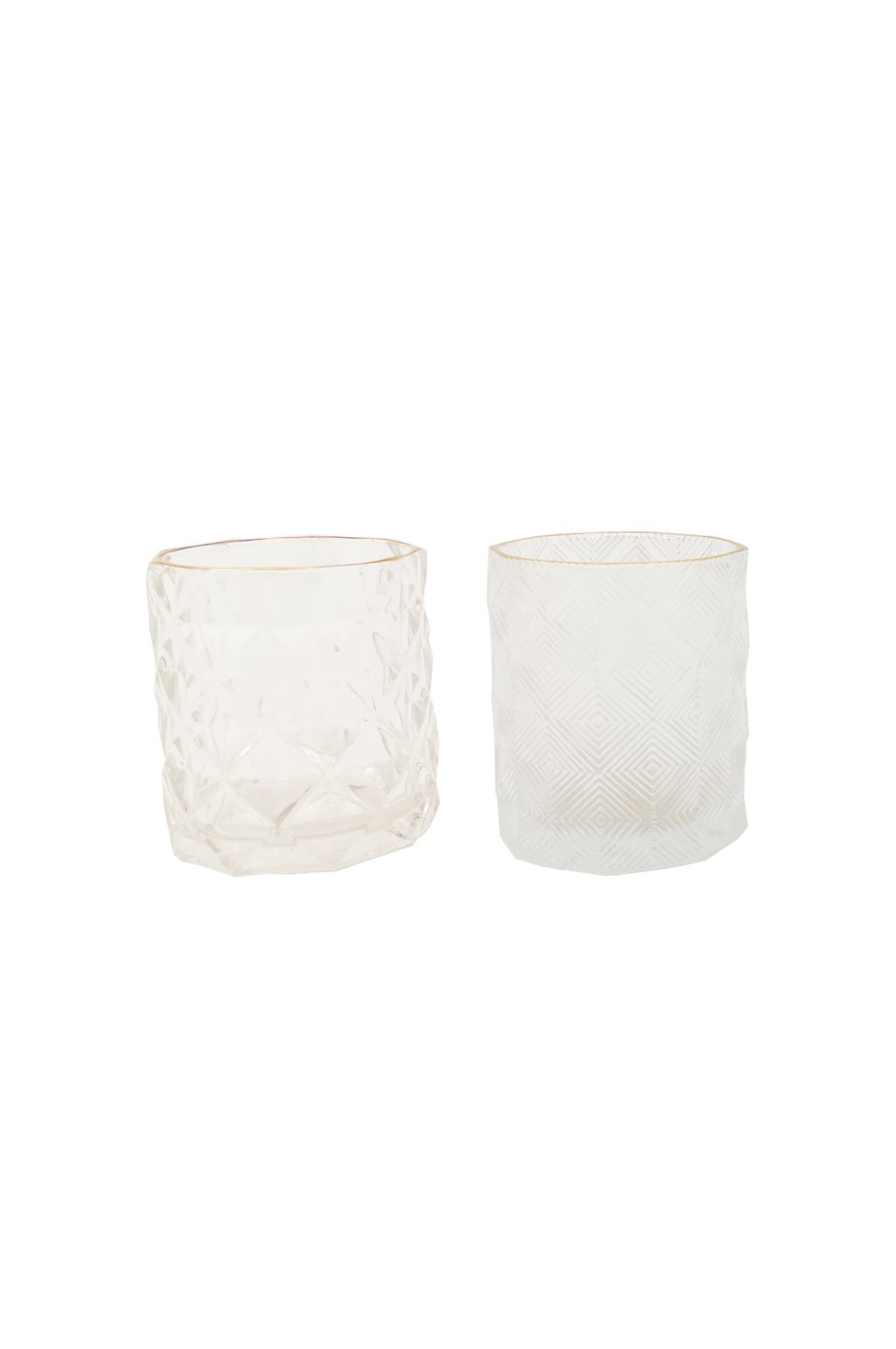 Set 2 Cilindri - bicchieri in vetro effetto ghiaccio (disegno casuale) con bordo oro d. 8 cm h. 9 cm