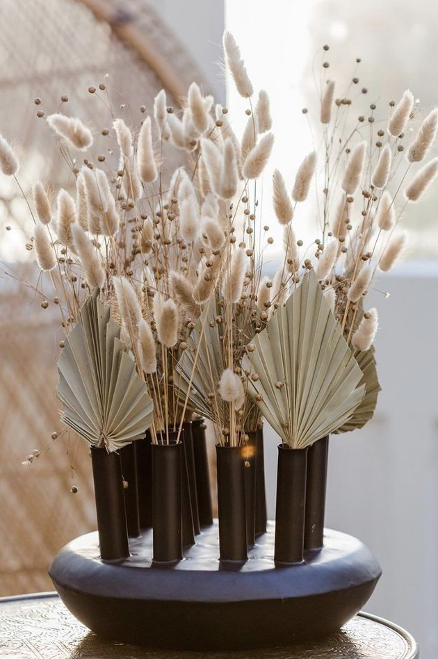Portafiori in latta nera opaca ideale per fiori essiccati e stabilizzati d. 30 h. 19 cm