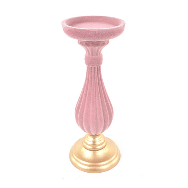Portacandele in poliresina rivestito in velluto rosa con base color oro 11x11x28 cm