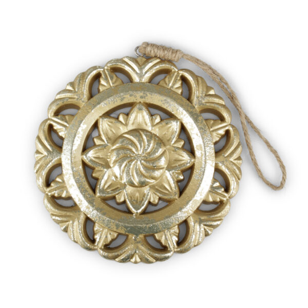 Set 4 Appendini di Natale Mandala in legno intagliati a mano oro d. 12 x h. 25 cm (con cordino)