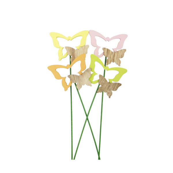 Set 12 Farfalle decorative in legno su Pick giallo/verde/arancione/rosa 5 x 6,2 x h. 24 cm