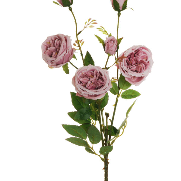 Stelo Rosa inglese Austin artificiale con 3 fiori e 3 boccioli color malva 67 cm