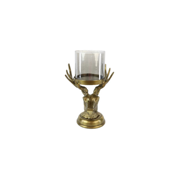 Portacandele a forma di Cervo in metallo oro anticato e vetro estraibile 22 x 21 x h. 39 cm