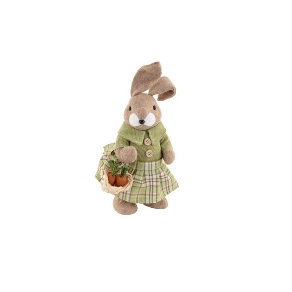 Coniglietta decorativa con cestino in mano e vestito verde 13 x 12 x 33cm