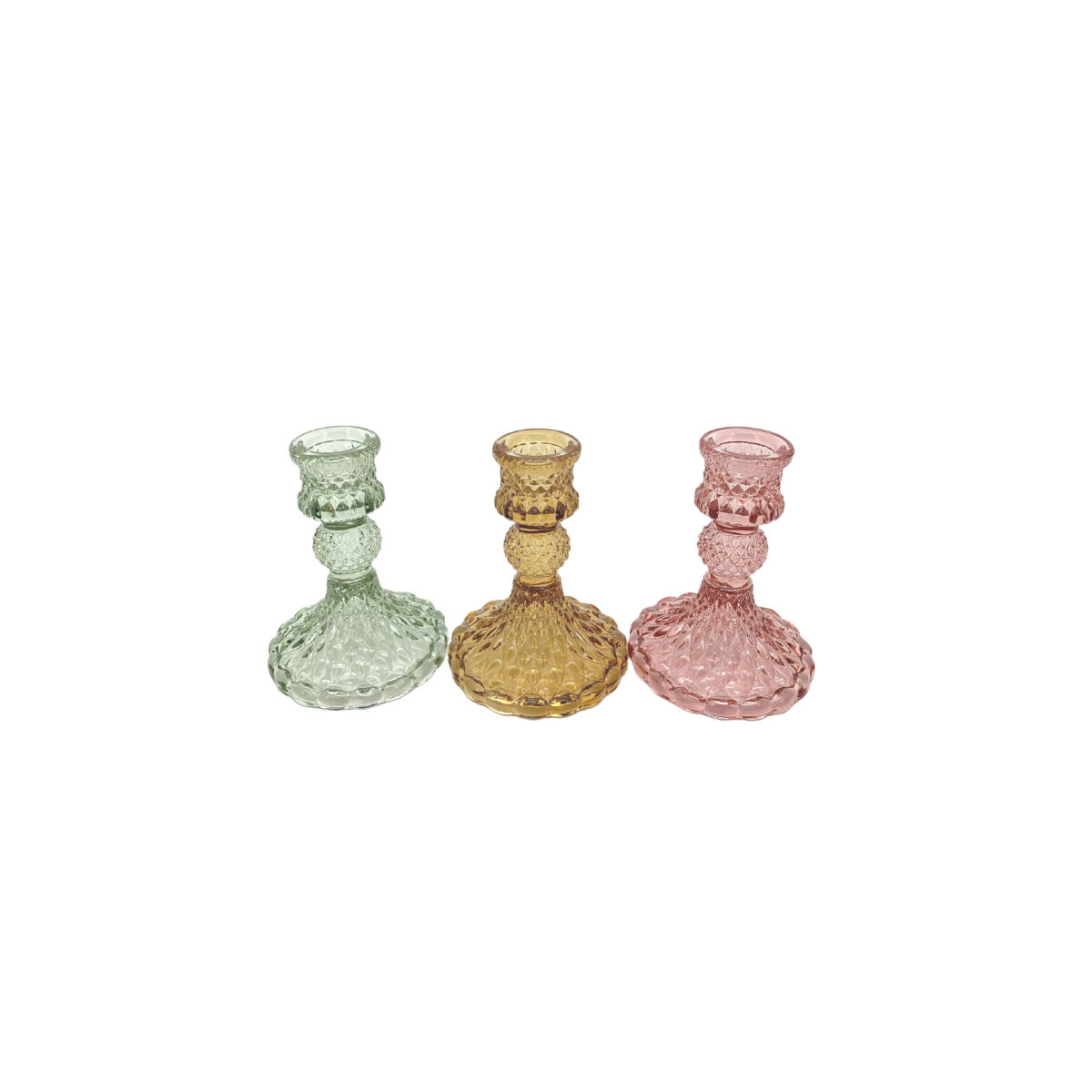 Set da 3 Portacandele in vetro (verde, ocra, rosa) per candele coniche h. 10 x d. 3 cm