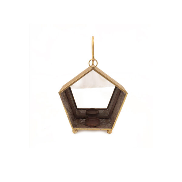 Lanterna Portacandele arabesque Pentagonale in metallo oro con fondo a specchio 26 x 12,5 x h. 38,5 cm