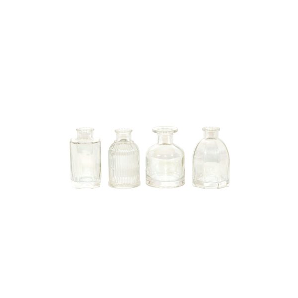 Set 4 Bottigliette Portafiori in vetro iridescente mix design Ø6,3H9,7-Ø6,7XH9,7-Ø6,2XH9,8-Ø7XH9,8 cm