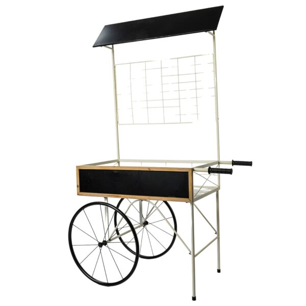 Carretto espositivo per Allestimenti, Eventi e Matrimoni in metallo nero/bianco con lavagna e ruote 100 x 57 x h. 175 cm