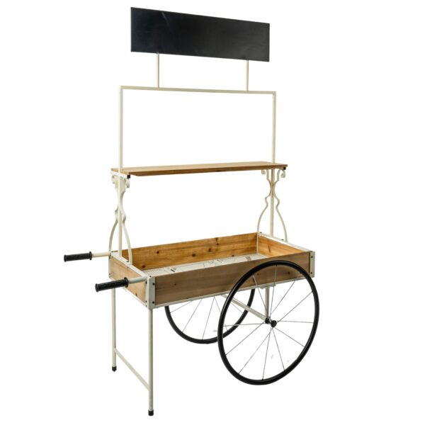 Carretto espositivo per Allestimenti, Eventi e Matrimoni in legno naturale e metallo nero/bianco con lavagna e ruote 113 x 60 x h. 179 cm